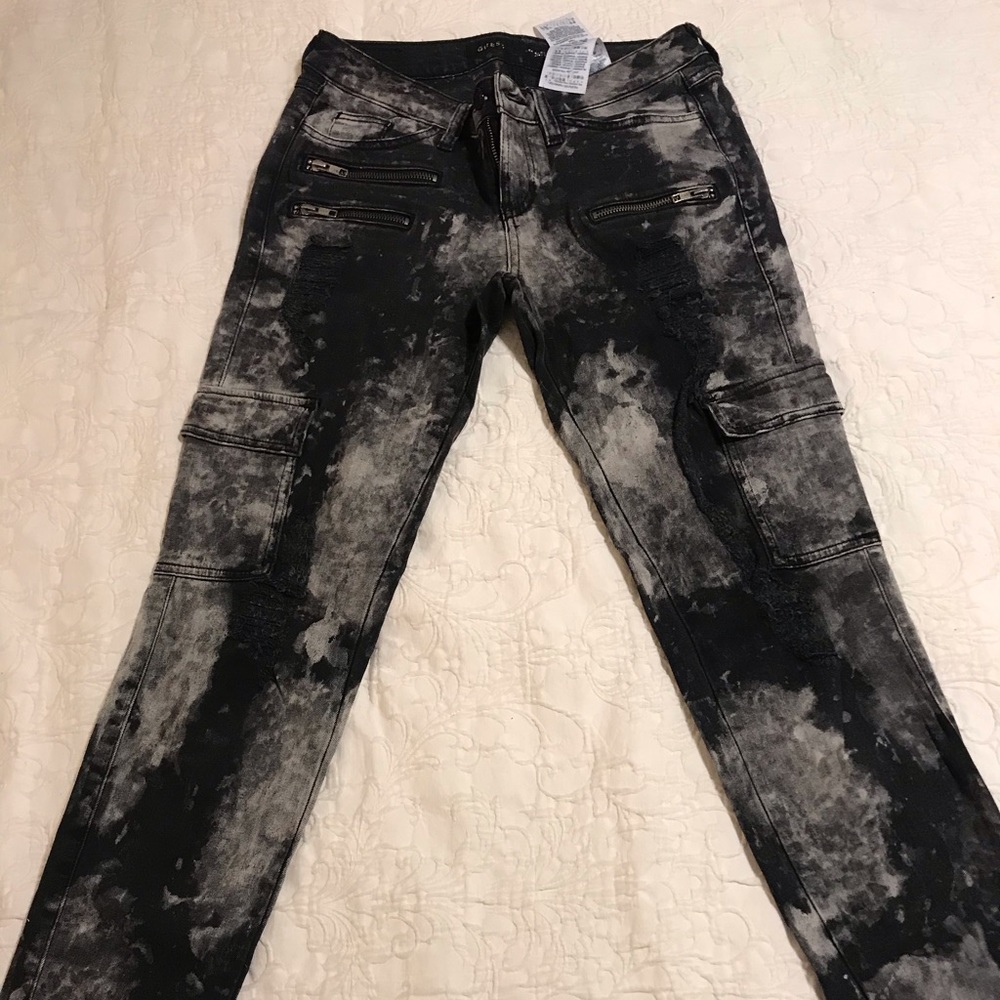 Cool bleached black distressed skinny cargo jeans